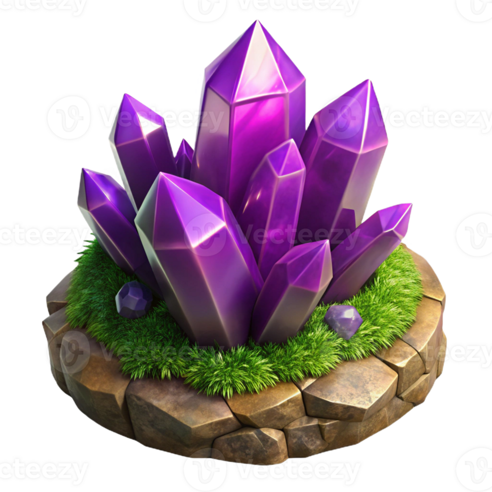 dramatic creative A cluster of vibrant amethyst crystals growing on a mossy rock, dramatic lighting, fantasy art style exclusive png
