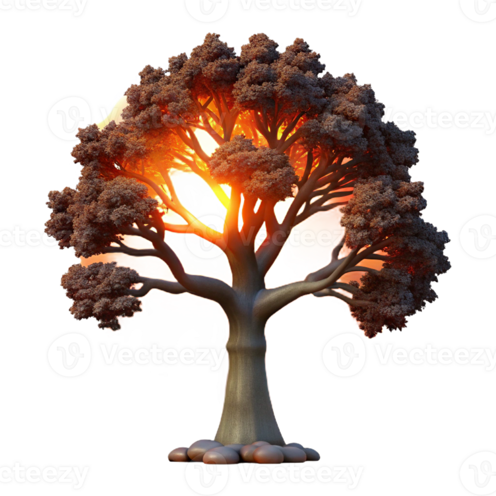 magnificent contemporary A gnarled oak tree silhouetted against a fiery sunset, stark and dramatic lighting, etching style detailed png