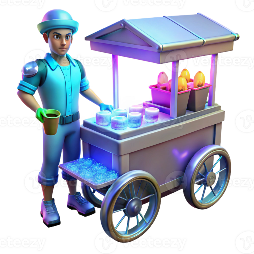 elegant vintage A street vendor selling bioluminescent food from a futuristic cart, in a bustling cyberpunk marketplace, in a vibrant, comic book style original png