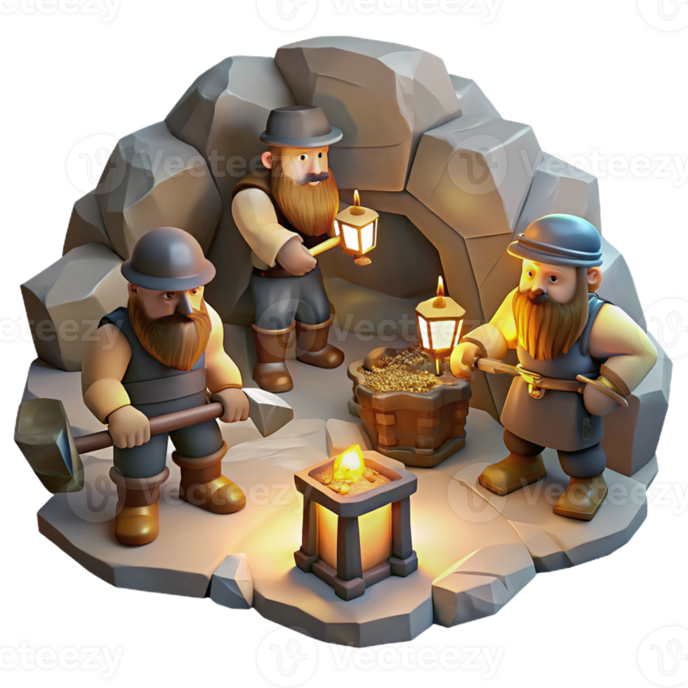 elegant creative A group of dwarves mining for gems in a dimly lit cavern, illuminated by the glow of their lanterns. Realistic style, detailed textures 4K png