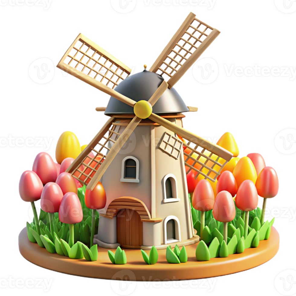dramatic modern A traditional windmill in a tulip field, bright spring sunlight, Dutch painting style high quality png