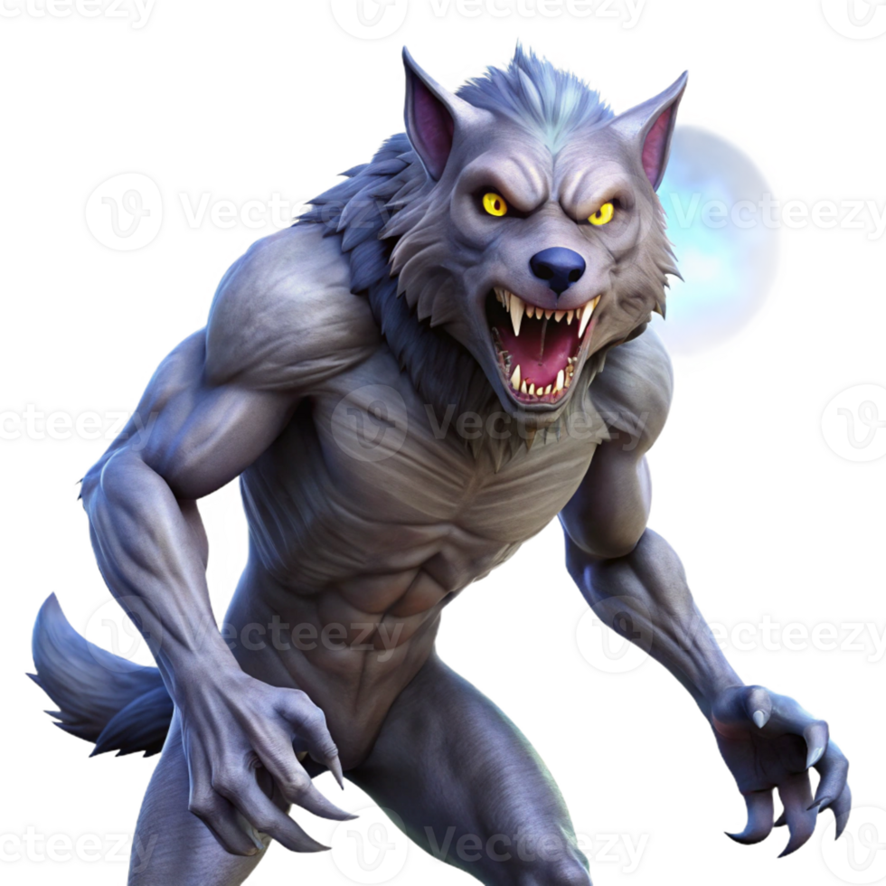 magnificent classic A fierce werewolf with glowing eyes and sharp claws, howling at the moon, illuminated by moonlight. Horror fantasy, hyperrealistic, dynamic pose, 4k exclusive png
