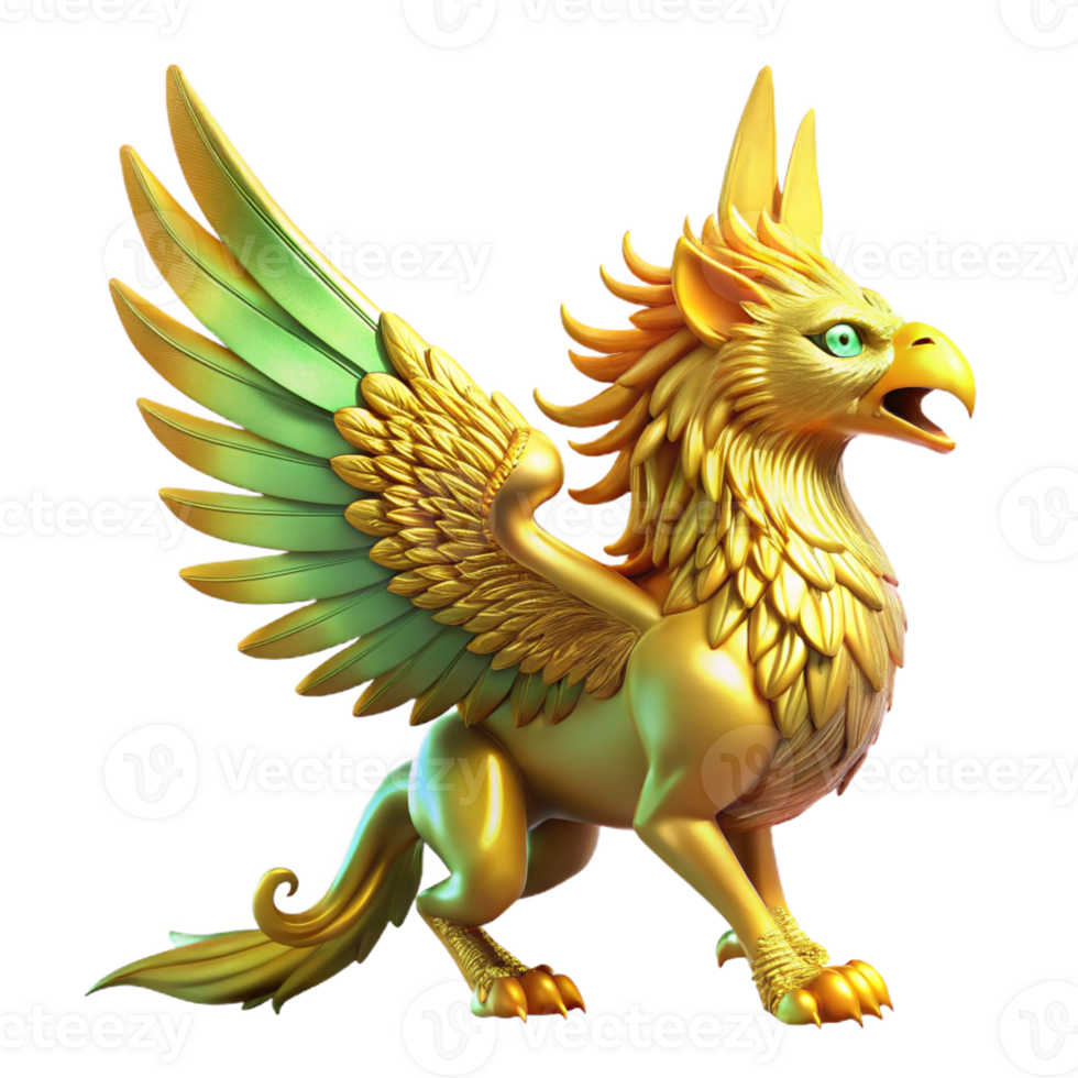 elegant traditional A majestic griffin with golden feathers and piercing emerald eyes soaring through a nebula of vibrant colors. Backlighting. Art Deco style exclusive png