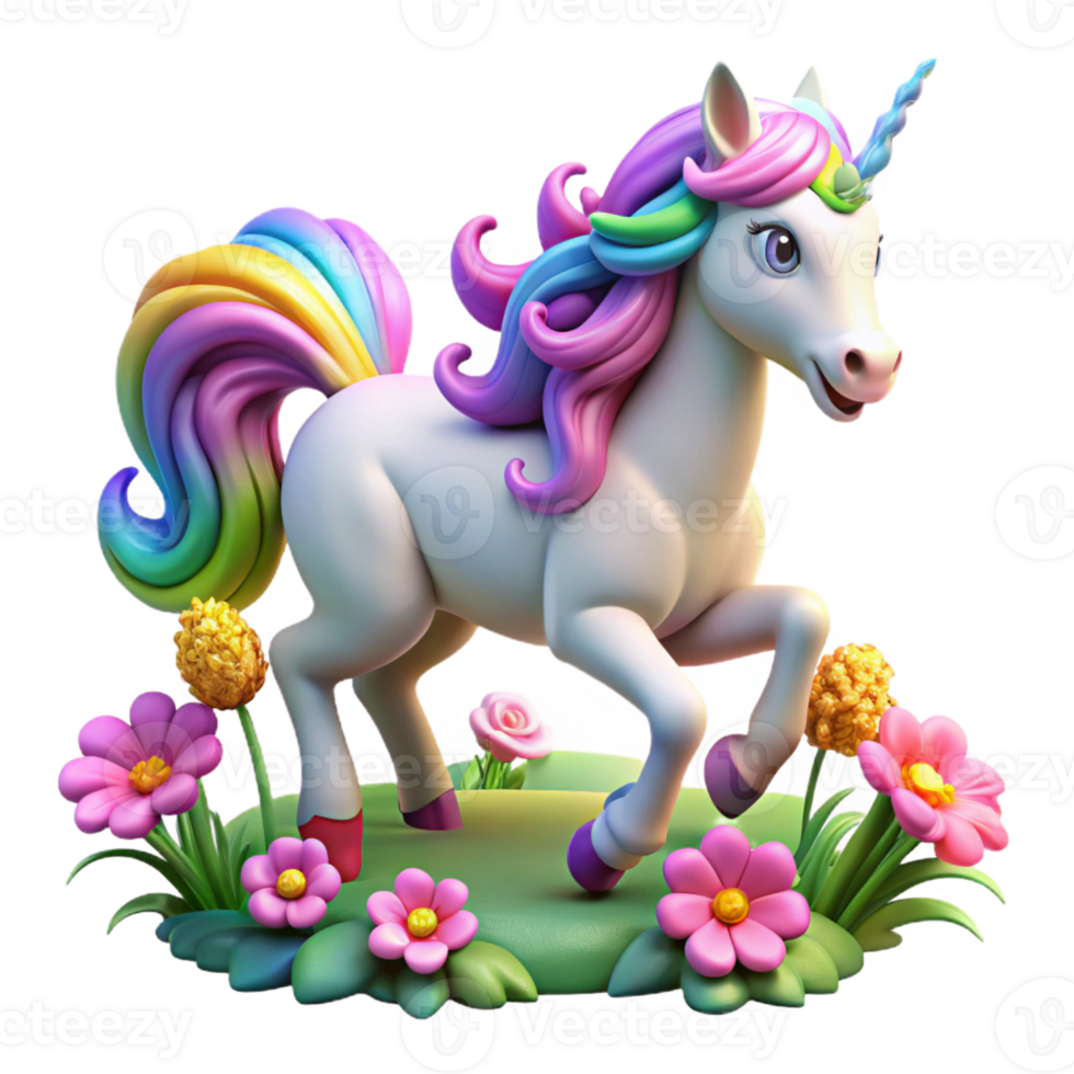 stunning creative A majestic unicorn with a rainbow mane galloping through a field of glowing flowers, in a vibrant, fairytale style exclusive png