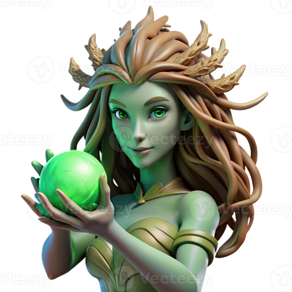 vibrant creative A serene dryad with bark-like skin and flowing vine hair, cradling a glowing orb of emerald light. Soft, dappled forest lighting. Pre-Raphaelite style high resolution png
