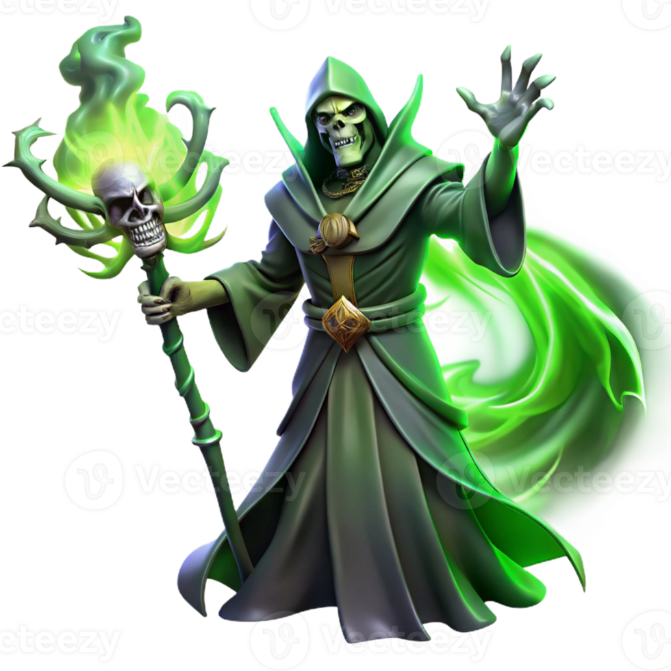 beautiful minimalist A powerful lich wielding a staff of dark magic, surrounded by swirling, spectral energy. Illuminated by an eerie green light, depicted in a classic fantasy art style detailed png