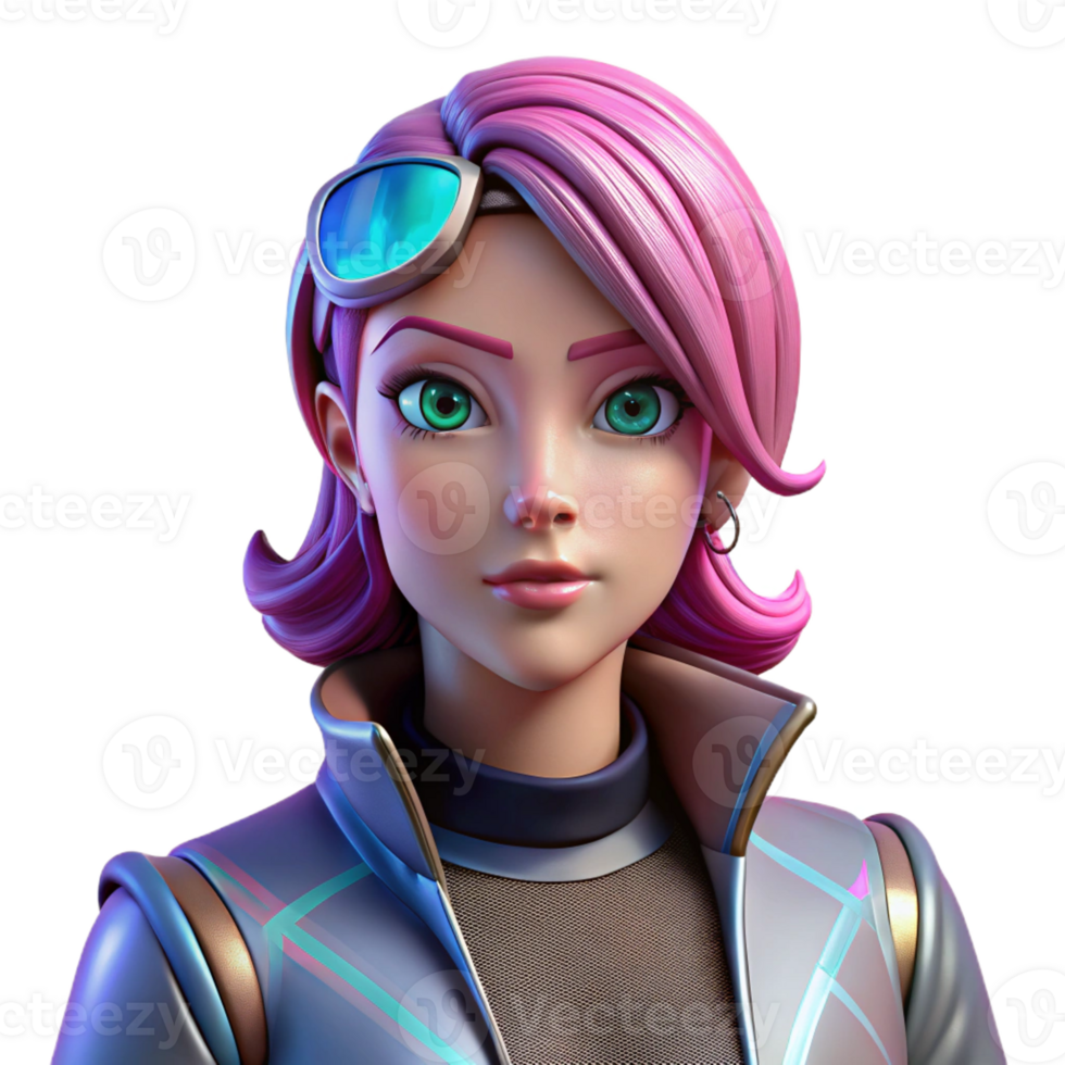dramatic creative A young woman with cybernetic eyes and vibrant pink hair, wearing a holographic jacket, in a dynamic, anime style genuine png