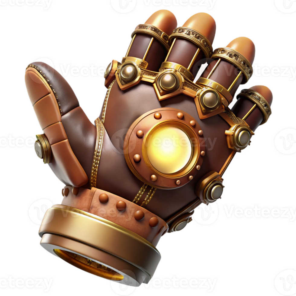 vibrant artistic Steampunk gloves, leather and brass, intricate gears and levers on the knuckles, holding a glowing orb, dramatic lighting, highly detailed, realistic authentic png