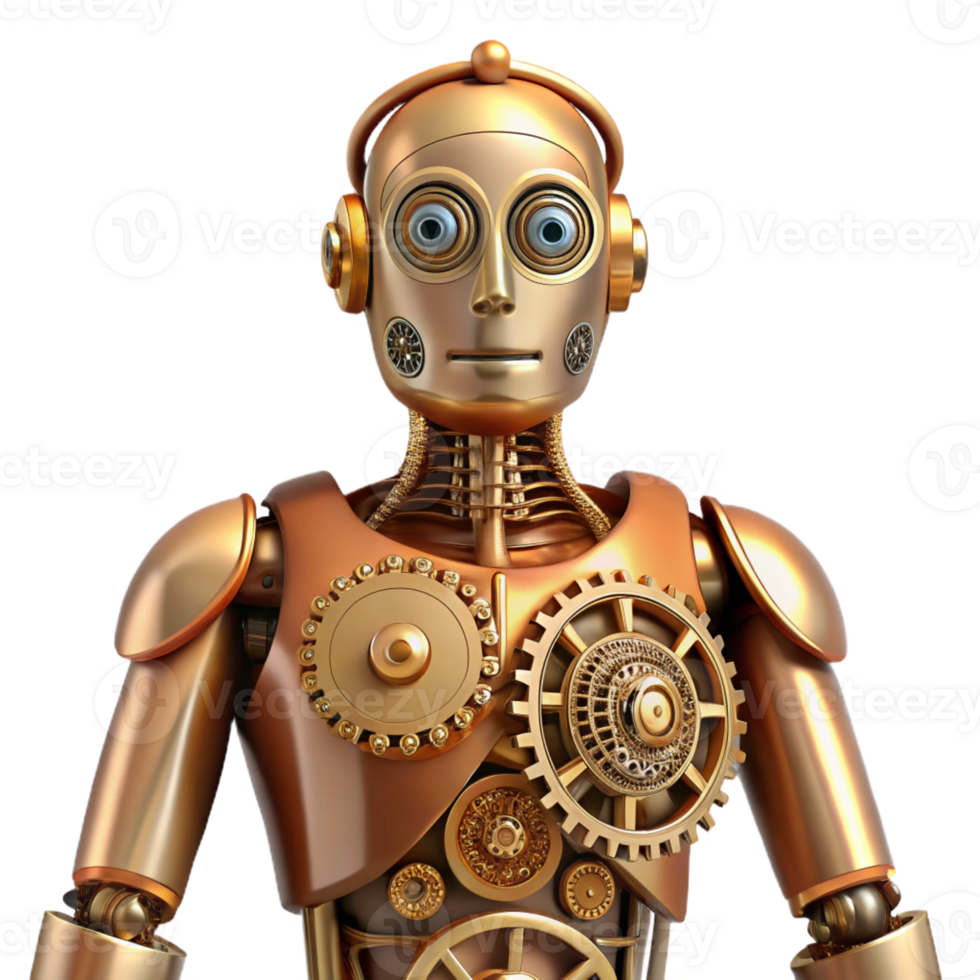serene modern A steampunk automaton, resembling a human figure, with exposed gears and clockwork mechanisms. Neutral lighting, anatomical style, highly detailed exclusive png