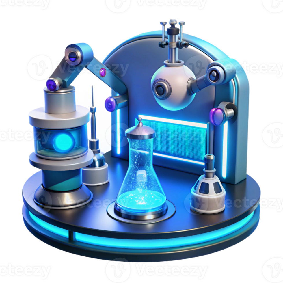 vibrant abstract A futuristic laboratory filled with holographic displays and robotic arms, sleek and minimalist design, cool blue lighting premium png
