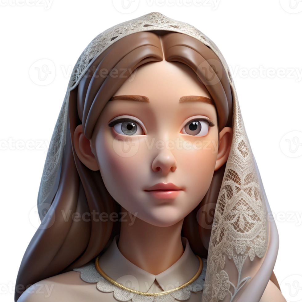 elegant contemporary Portrait of a woman with delicate features and a melancholic expression, wearing a lace veil, lit by soft, diffused light, in a Pre-Raphaelite style high quality png