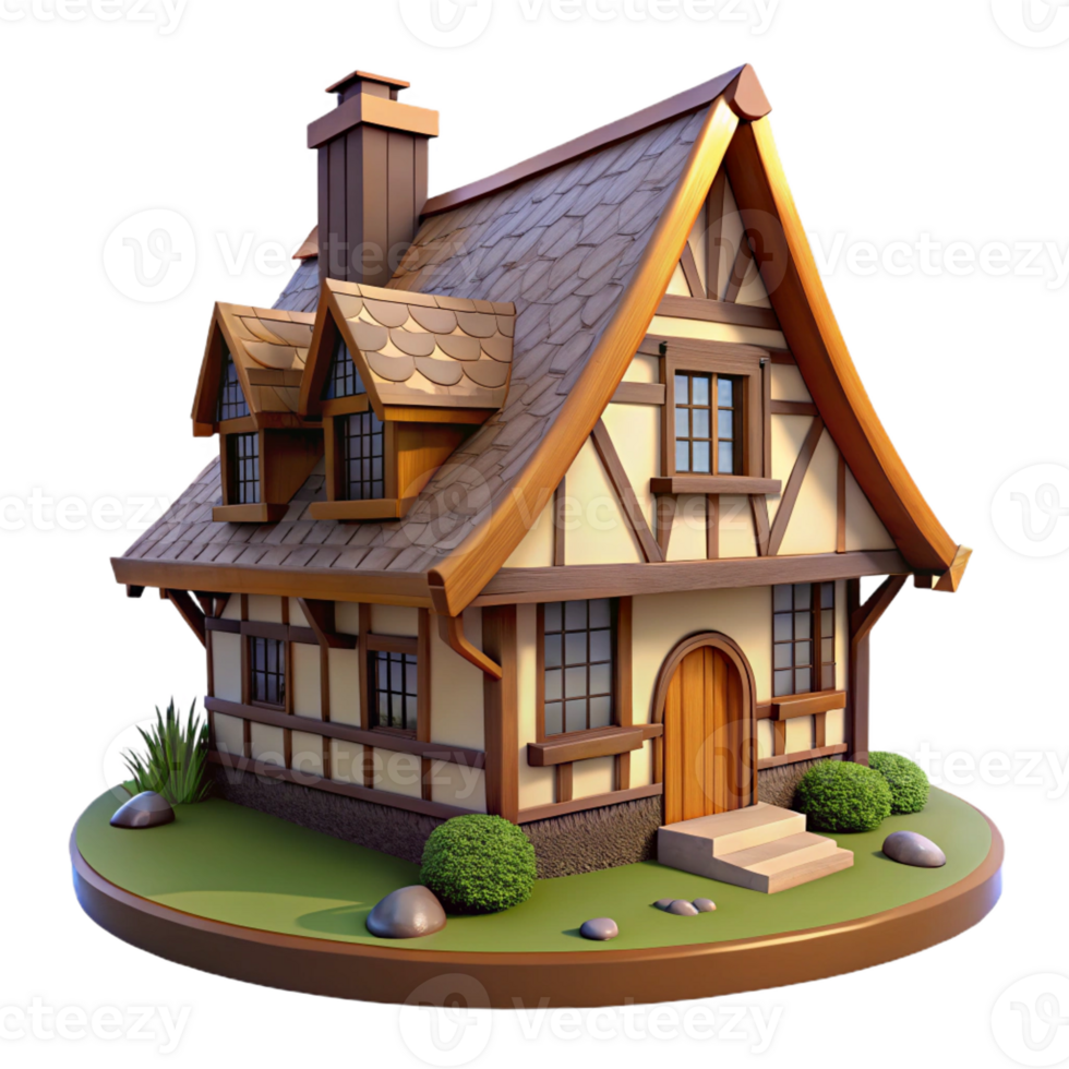 magnificent creative Tudor cottage, half-timbered walls, thatched roof, English countryside, charming style high quality png