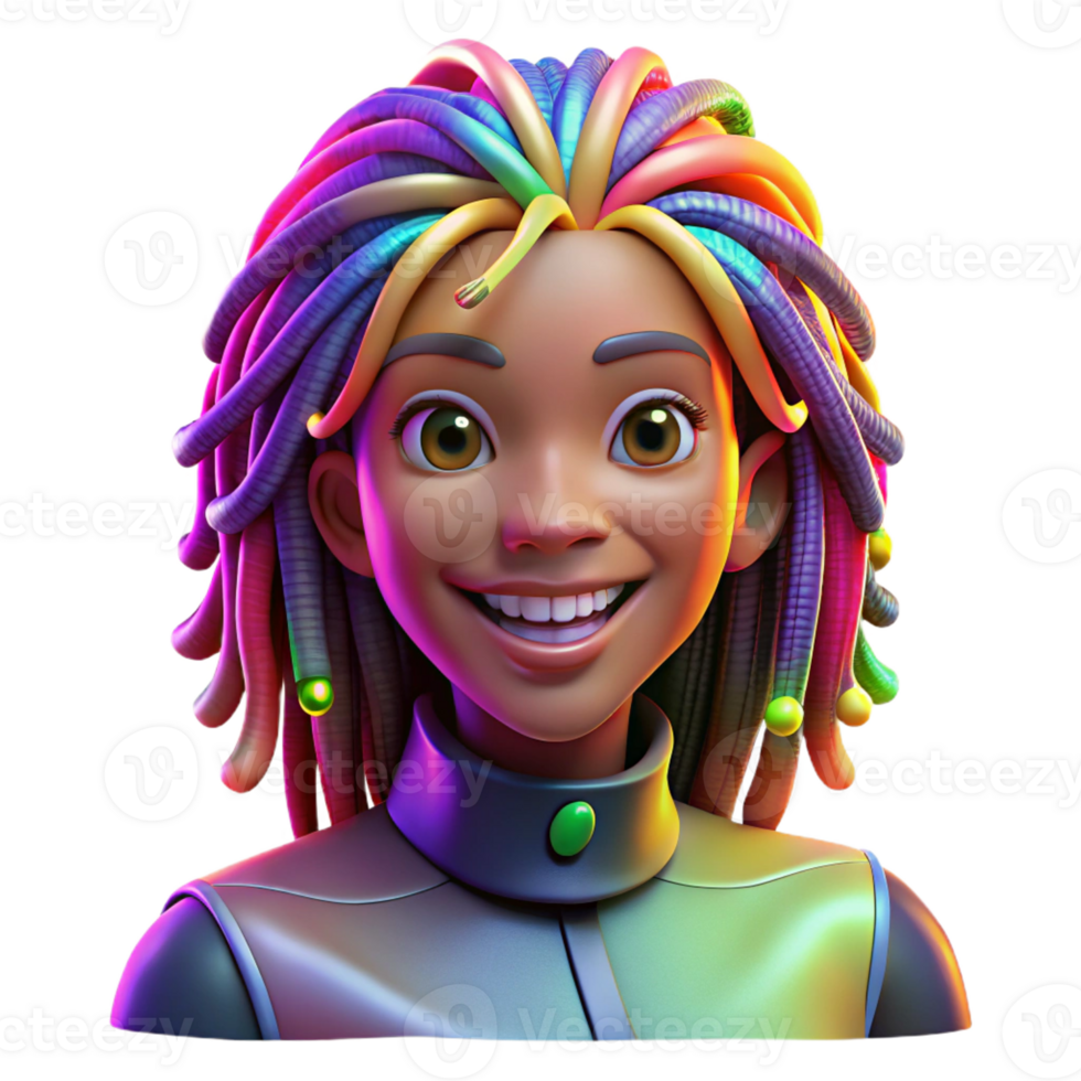 wonderful traditional Portrait of a woman with colorful dreadlocks and a vibrant smile, lit by bright, multicolored lights, in an Afrofuturist style professional png