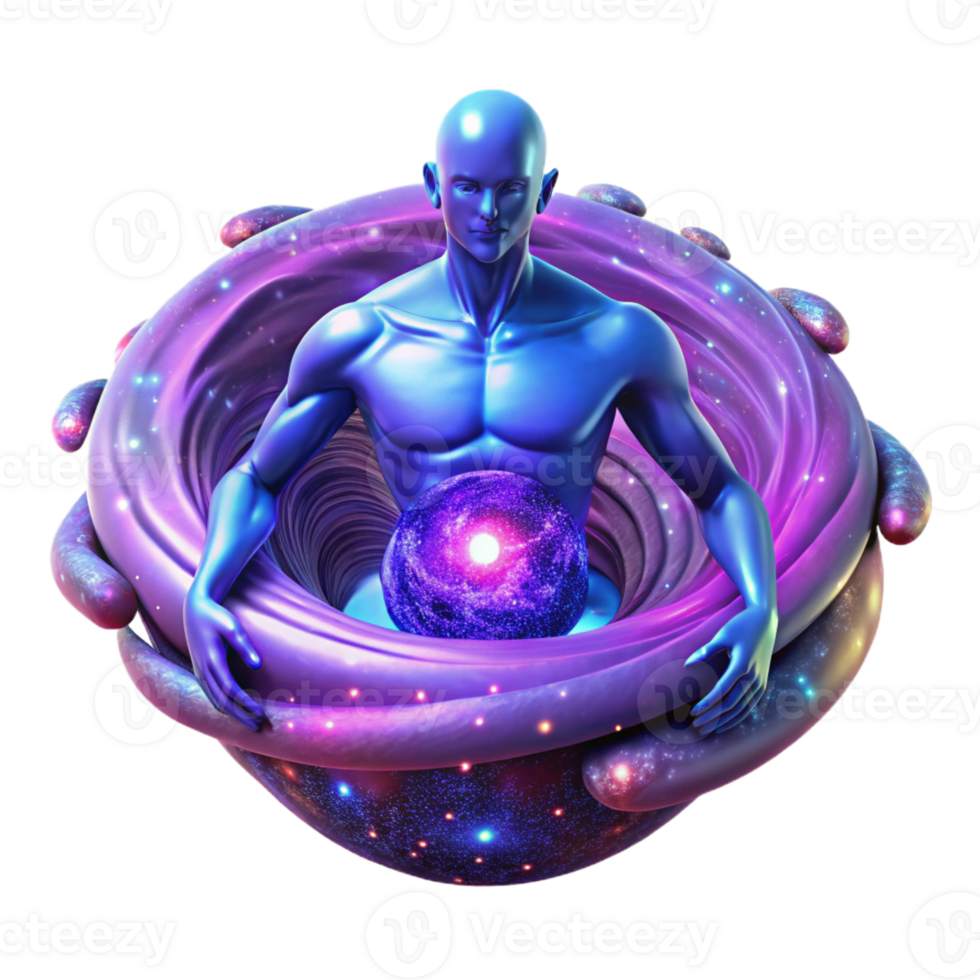 wonderful abstract A vibrant, swirling vortex of cosmic energy giving birth to a humanoid deity with constellations for skin, illuminated by nebulae, in a psychedelic style authentic png