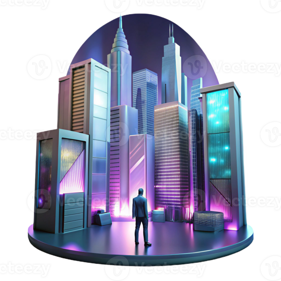 beautiful abstract A lone figure silhouetted against a backdrop of towering skyscrapers and holographic advertisements, in a moody, cinematic style original png