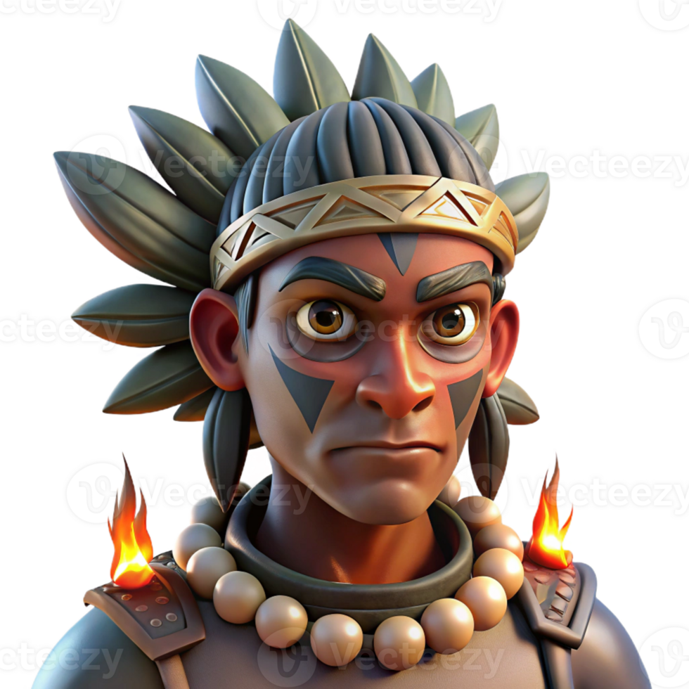 serene minimalist Portrait of a tribal warrior with elaborate face paint and headdress, lit by the flickering light of a campfire, in a stylized, ethnographic art style original png