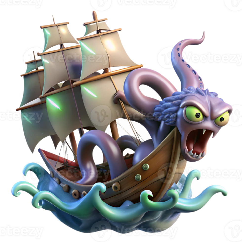 elegant minimalist A terrifying kraken attacking a sailing ship, its tentacles thrashing in the stormy sea, lit by lightning, in a dramatic and dynamic style high resolution png