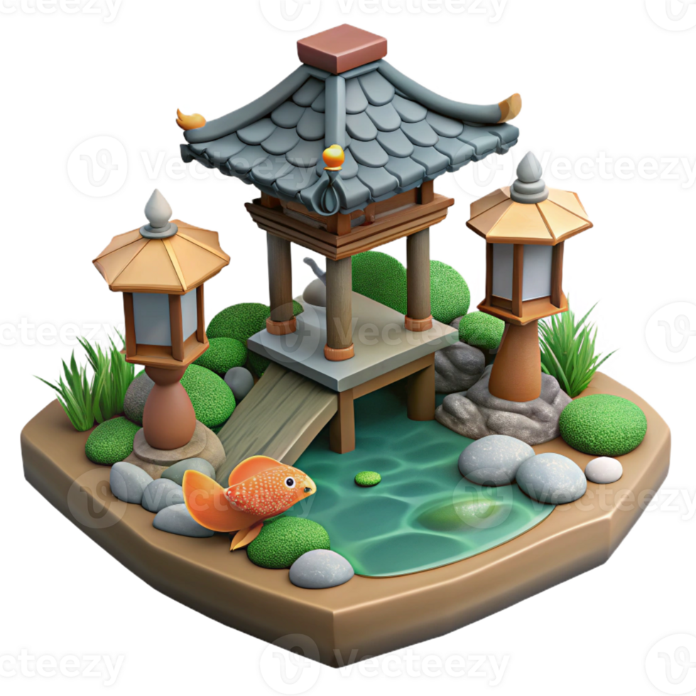 dramatic traditional A traditional Japanese garden with a koi pond and stone lanterns, soft zen garden light, Japanese painting style professional png