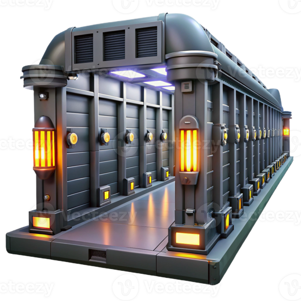 elegant minimalist A futuristic prison with rows of cells and flickering lights, oppressive atmosphere, dark, gritty style, realistic rendering authentic png