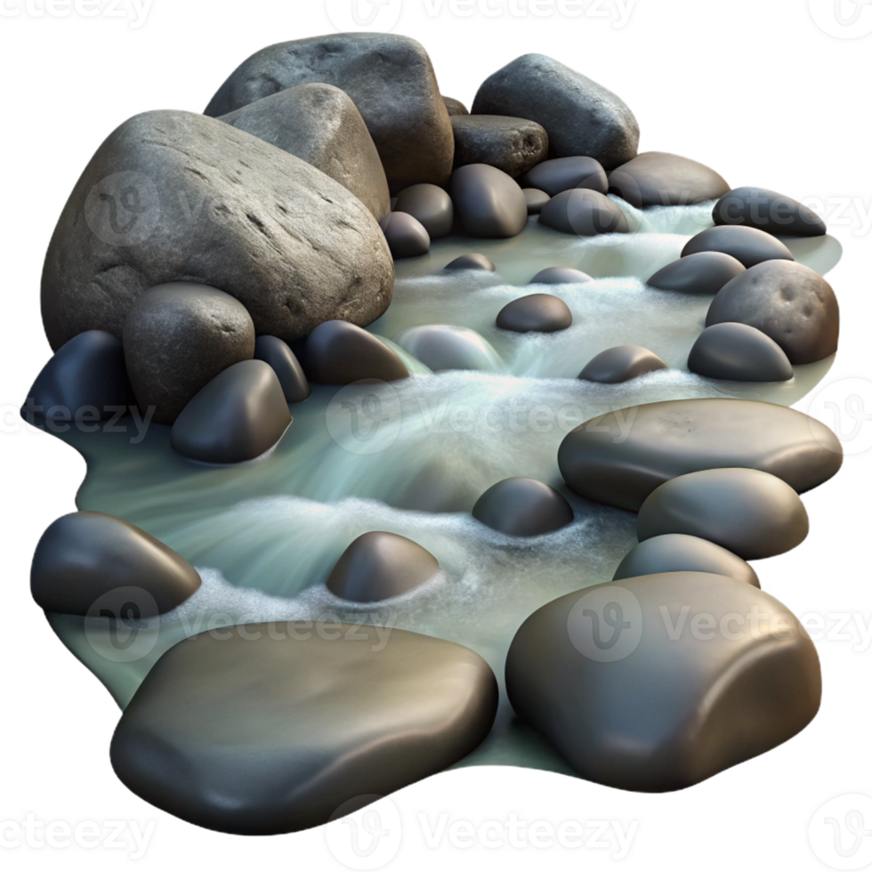 beautiful artistic A babbling brook flowing over smooth river stones, long exposure photography, soft diffused light 4K png