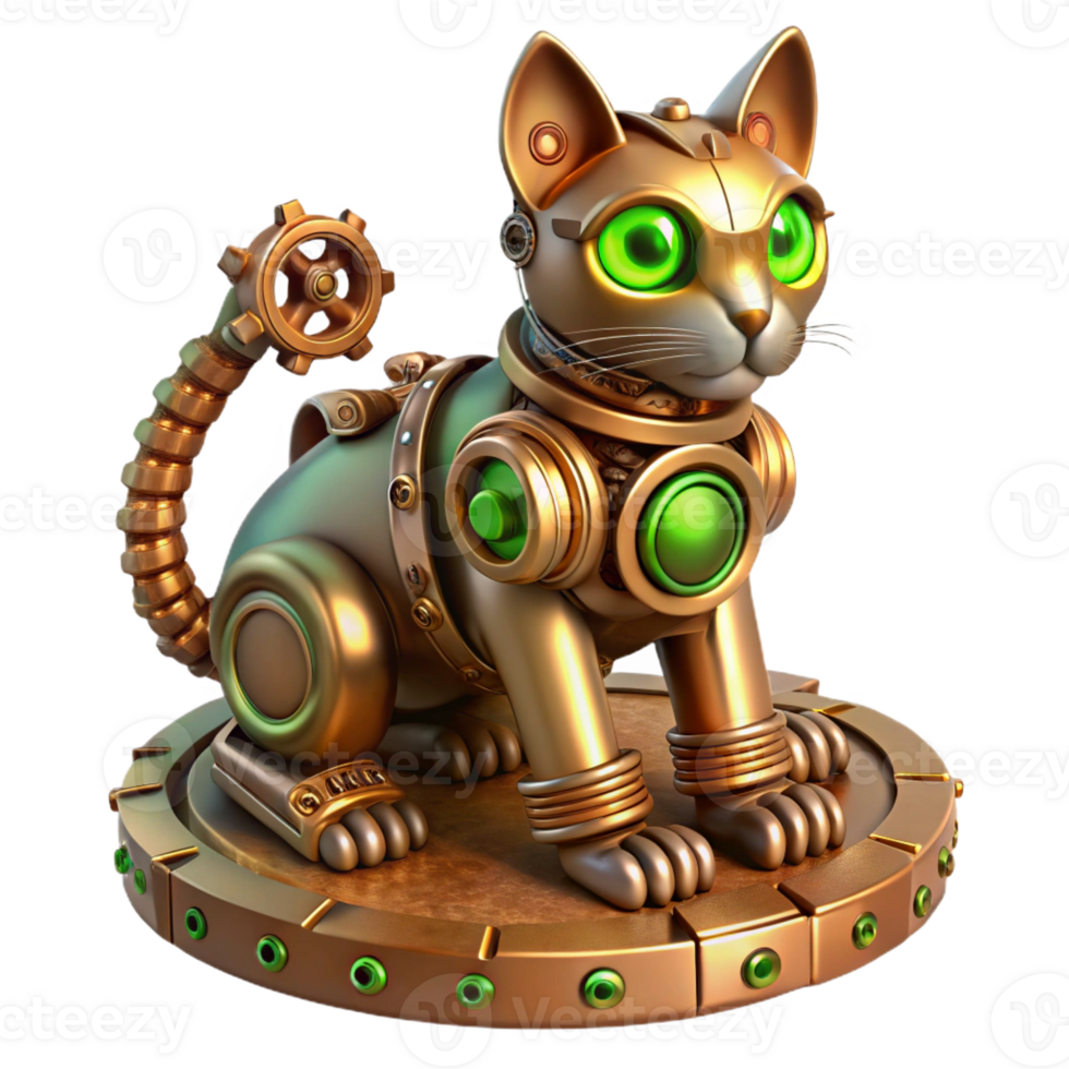 wonderful vintage Steampunk robotic cat, copper and brass, glowing green eyes, sitting on a pile of gears, dramatic lighting, highly detailed, realistic original png
