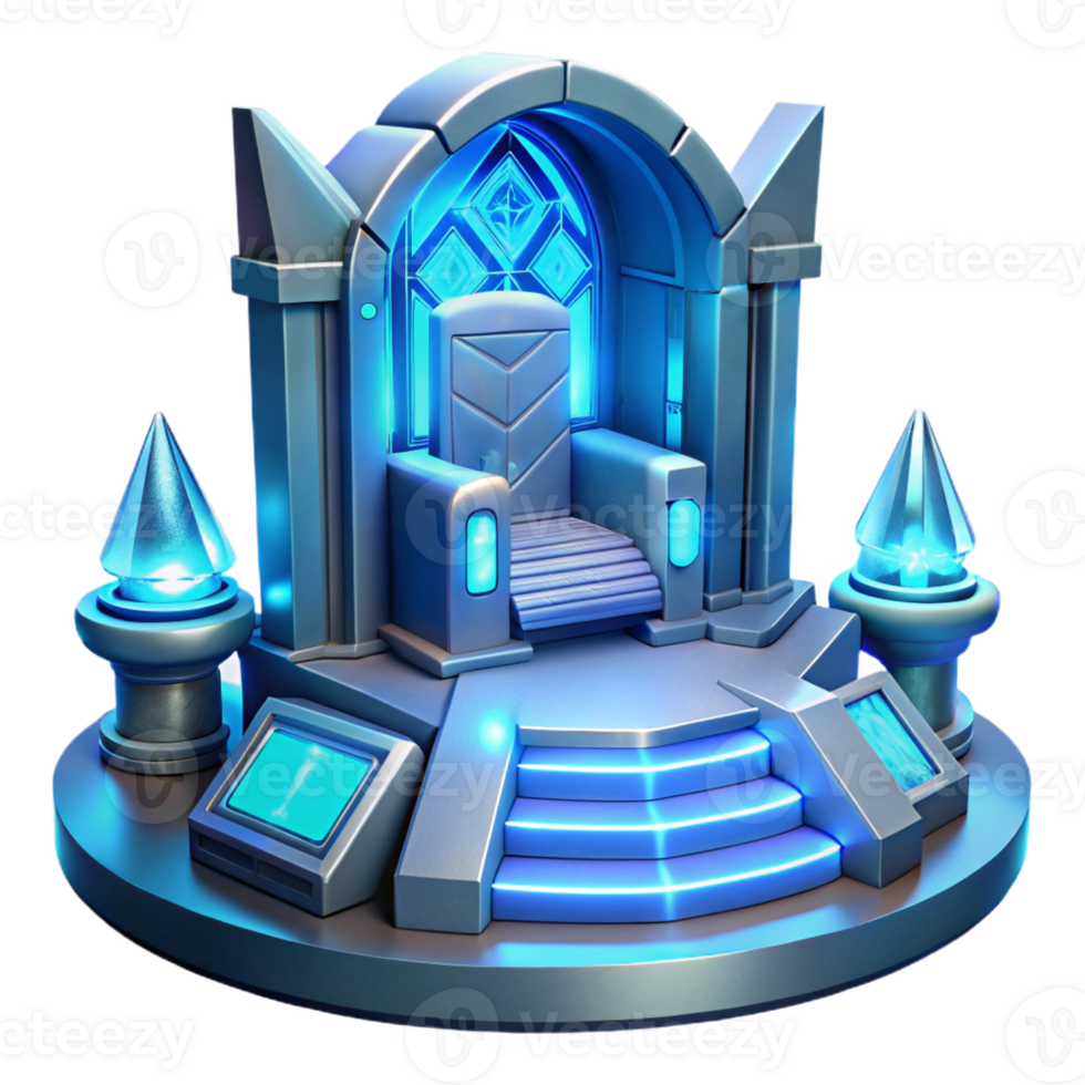 dramatic contemporary A futuristic throne room with holographic displays and glowing energy fields, illuminated by the cool, blue light of the holographic projections. Science fantasy style genuine png