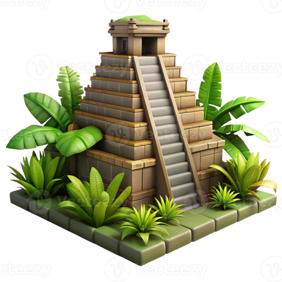 magnificent modern A Mayan pyramid temple overgrown with jungle vegetation, dramatic lighting, ancient civilization. Archaeological, historical, realistic rendering high resolution png