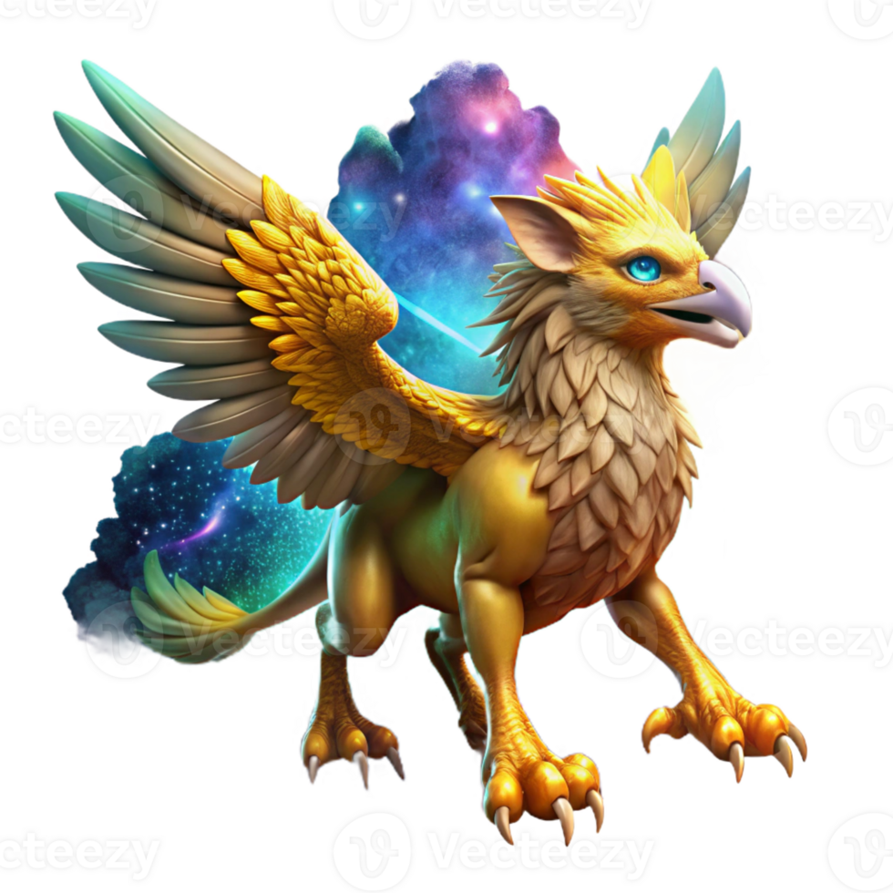 magnificent rustic A majestic griffin with golden feathers and piercing emerald eyes soaring through a nebula of vibrant colors. Dramatic, celestial lighting. Digital painting style authentic png