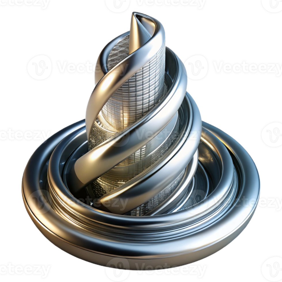 wonderful creative A swirling, gravity-defying skyscraper made of polished chrome, reflecting the city lights below, cyberpunk style high quality png