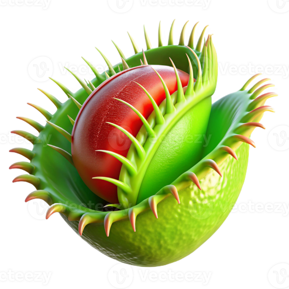 serene modern Close-up of a dew-kissed Venus flytrap, vibrant green and red, dramatic chiaroscuro lighting, macro photography style 4K png