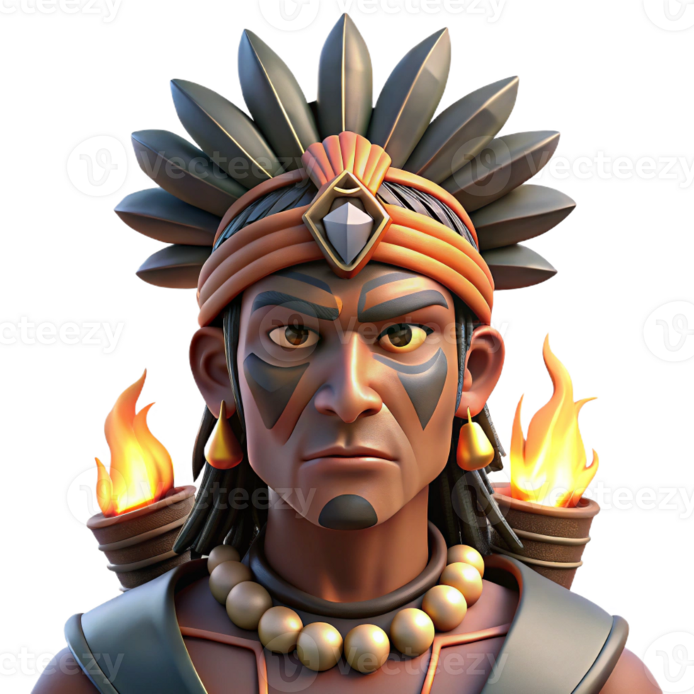 impressive rustic Portrait of a tribal warrior with elaborate face paint and headdress, lit by the flickering light of a campfire, in a stylized, ethnographic art style authentic png