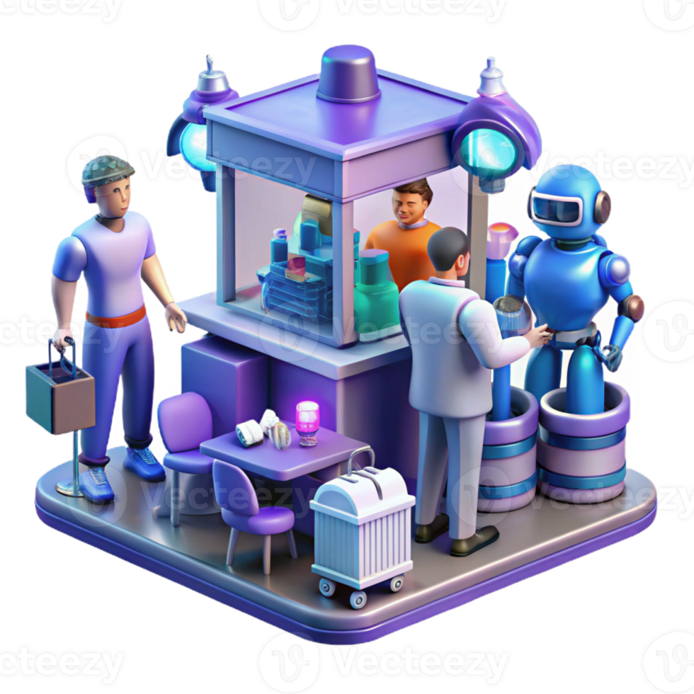 magnificent vintage A futuristic marketplace with vendors selling cybernetic implants and technological gadgets, in a bustling, vibrant style detailed png