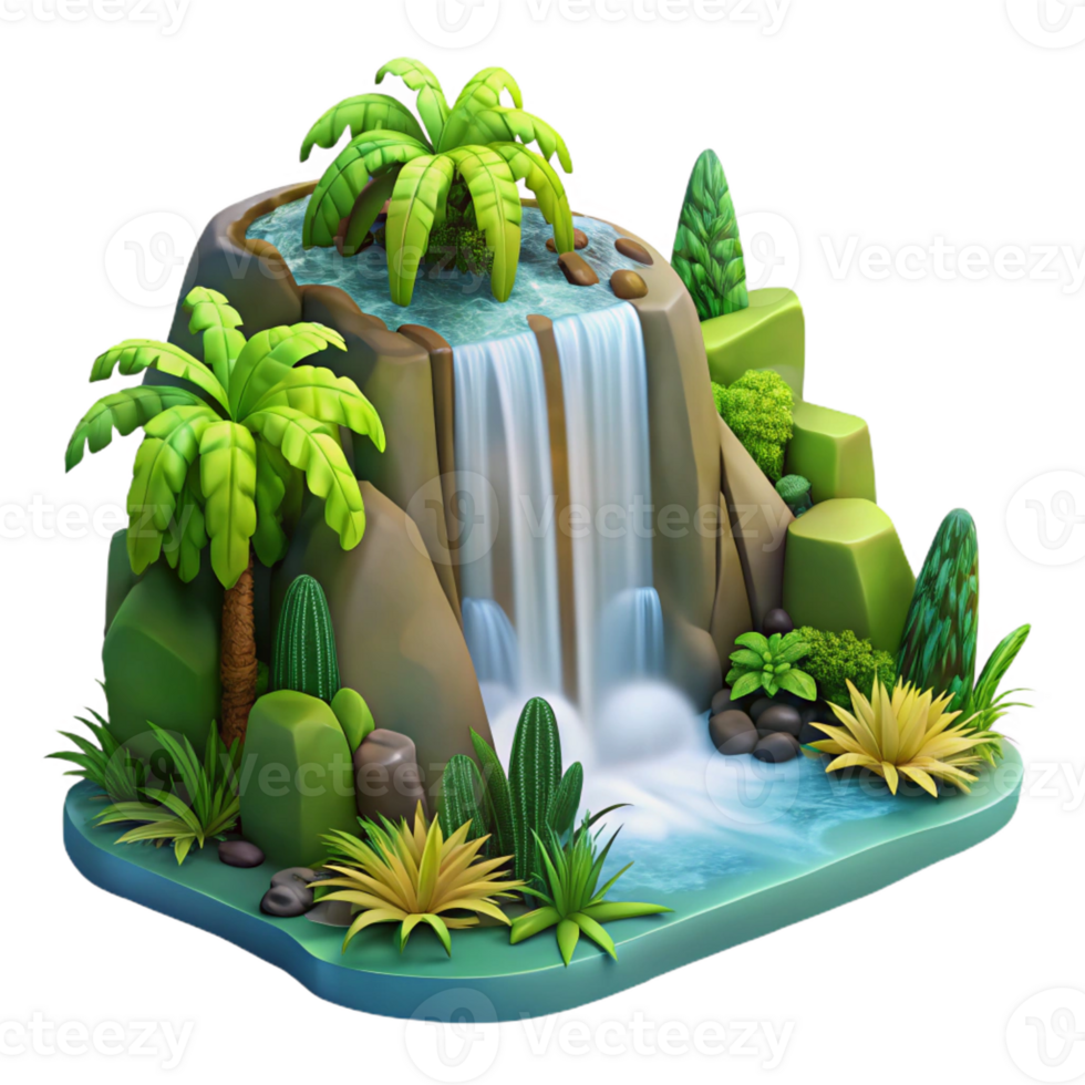 serene creative A cascading waterfall in a tropical rainforest, lush greenery, photorealistic style high quality png