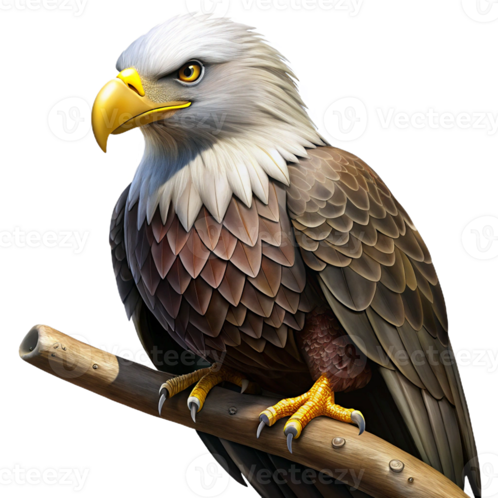 extraordinary contemporary A regal bald eagle perched on a branch, with intense gaze, dramatic lighting, painted in a photorealistic style exclusive png