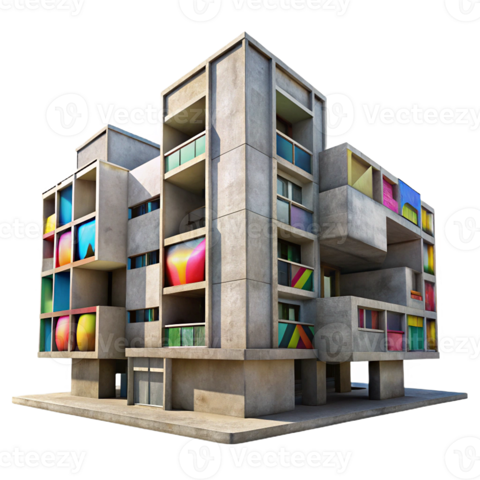 impressive classic A Brutalist concrete apartment complex with colorful graffiti art, harsh midday sunlight, photographic style authentic png