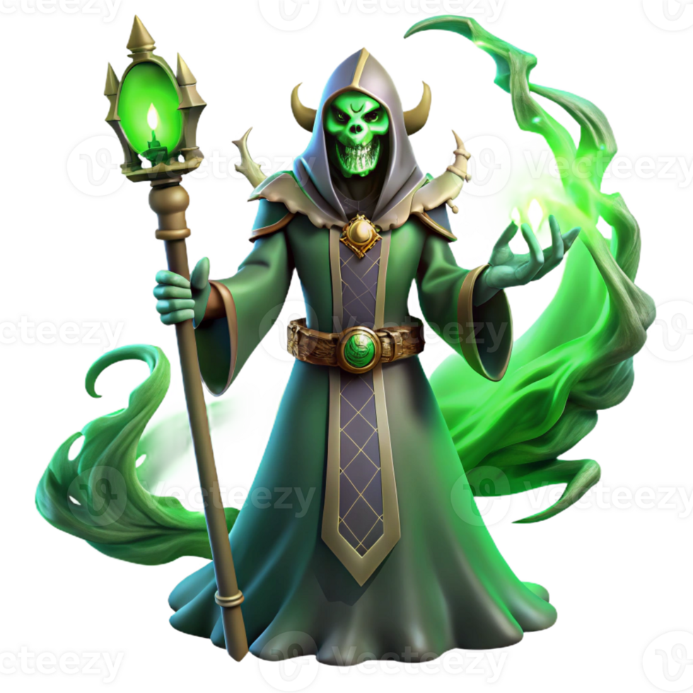 wonderful vintage A powerful lich wielding a staff of dark magic, surrounded by swirling, spectral energy. Illuminated by an eerie green light, depicted in a classic fantasy art style original png