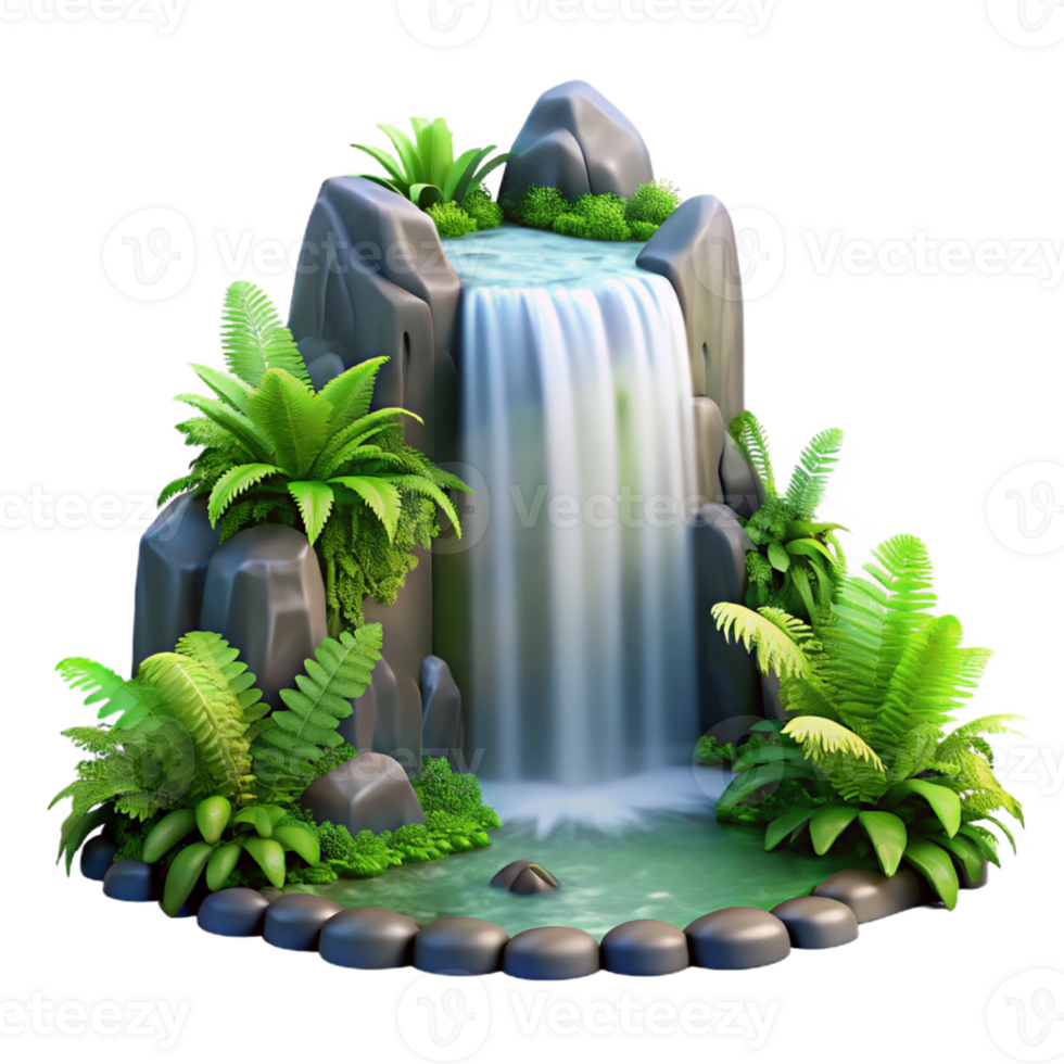 extraordinary modern A cascading waterfall surrounded by lush green ferns, long exposure photography, serene atmosphere high resolution png