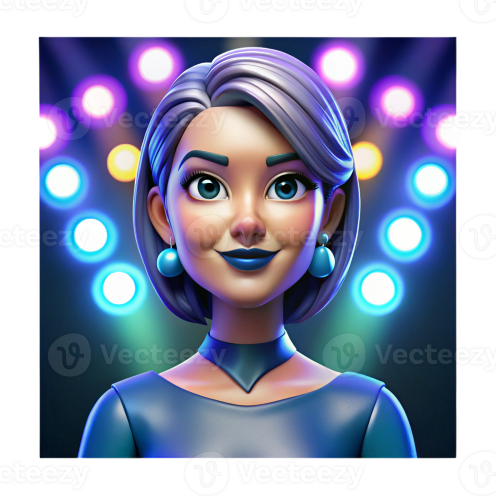 elegant creative Portrait of a woman with vibrant blue makeup and an enigmatic smile, lit by a colorful array of stage lights, in a pop art style 4K png
