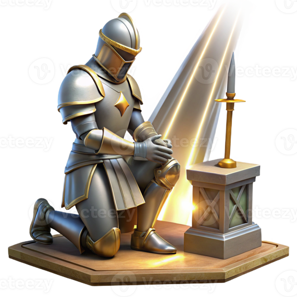 vibrant creative A stoic knight in shining armor, kneeling before a sacred altar, a beam of light shining down upon him. Classical painting style, dramatic lighting authentic png