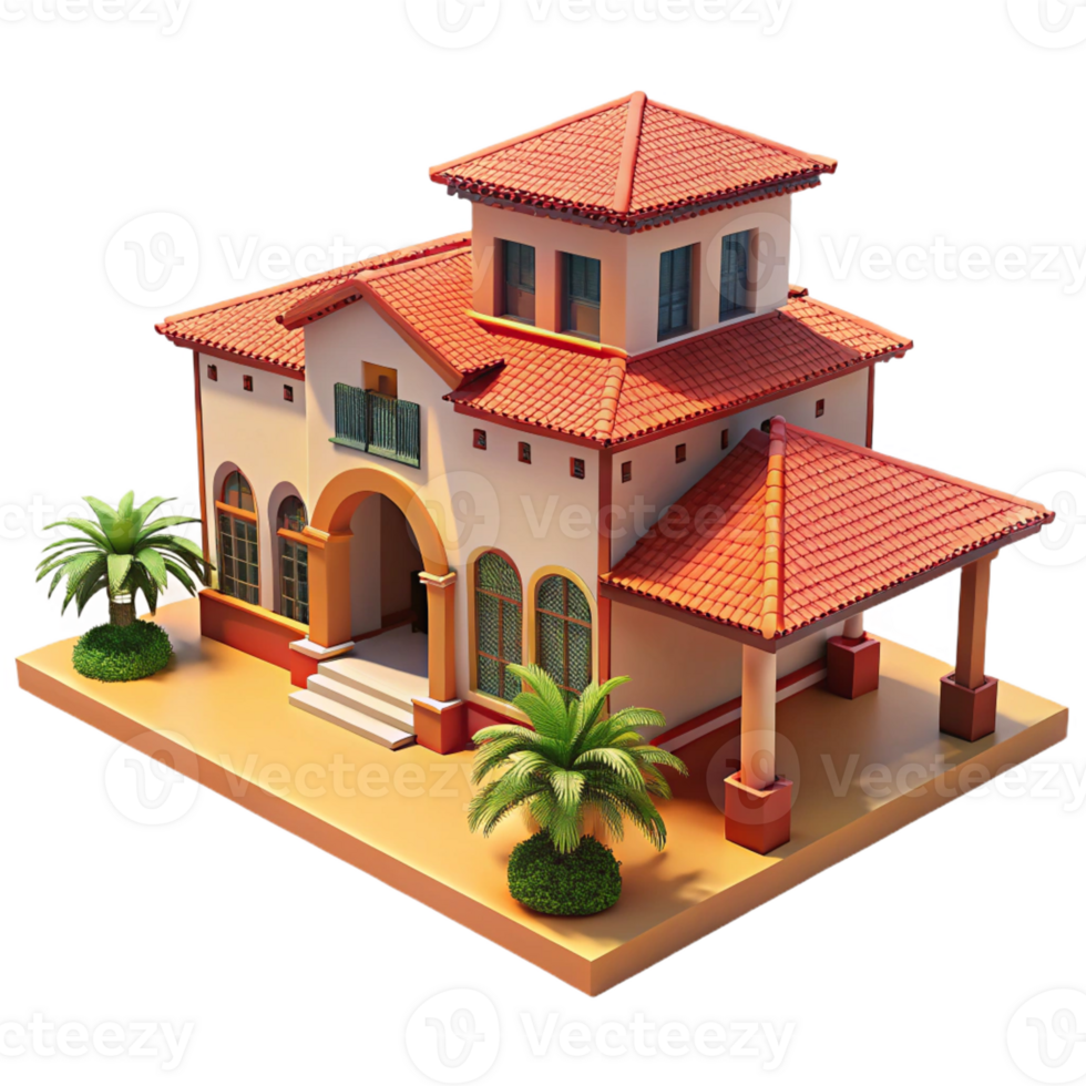 dramatic artistic Spanish colonial hacienda, stucco walls, red tile roof, courtyard, Mediterranean style exclusive png