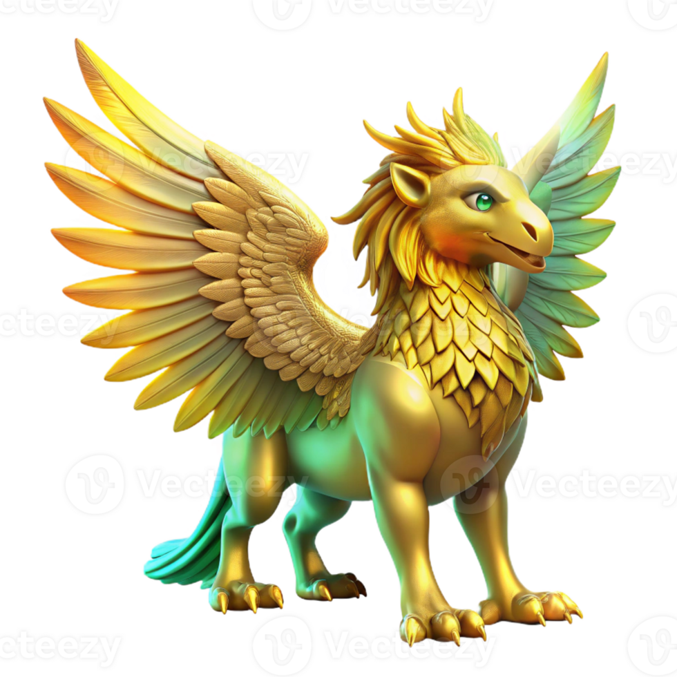 dramatic creative A majestic griffin with golden feathers and piercing emerald eyes soaring through a nebula of vibrant colors. Backlighting. Art Deco style professional png