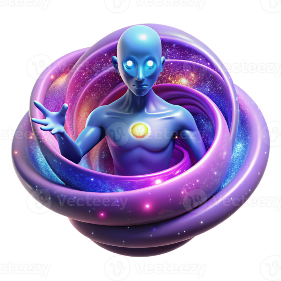wonderful contemporary A vibrant, swirling vortex of cosmic energy giving birth to a humanoid deity with constellations for skin, illuminated by nebulae, in a psychedelic style detailed png