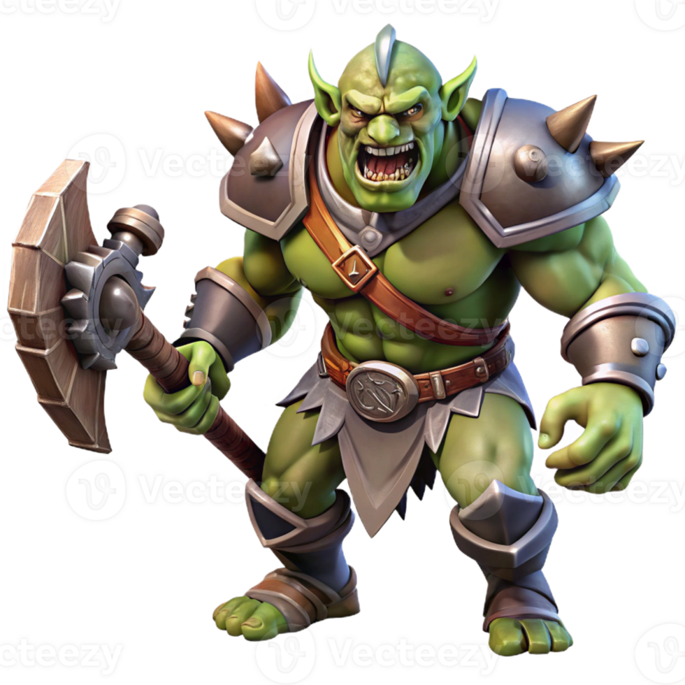 impressive artistic A fearsome orc warrior with heavy armor and a battle-axe, roaring in triumph. Harsh, dramatic lighting, dark fantasy style professional png