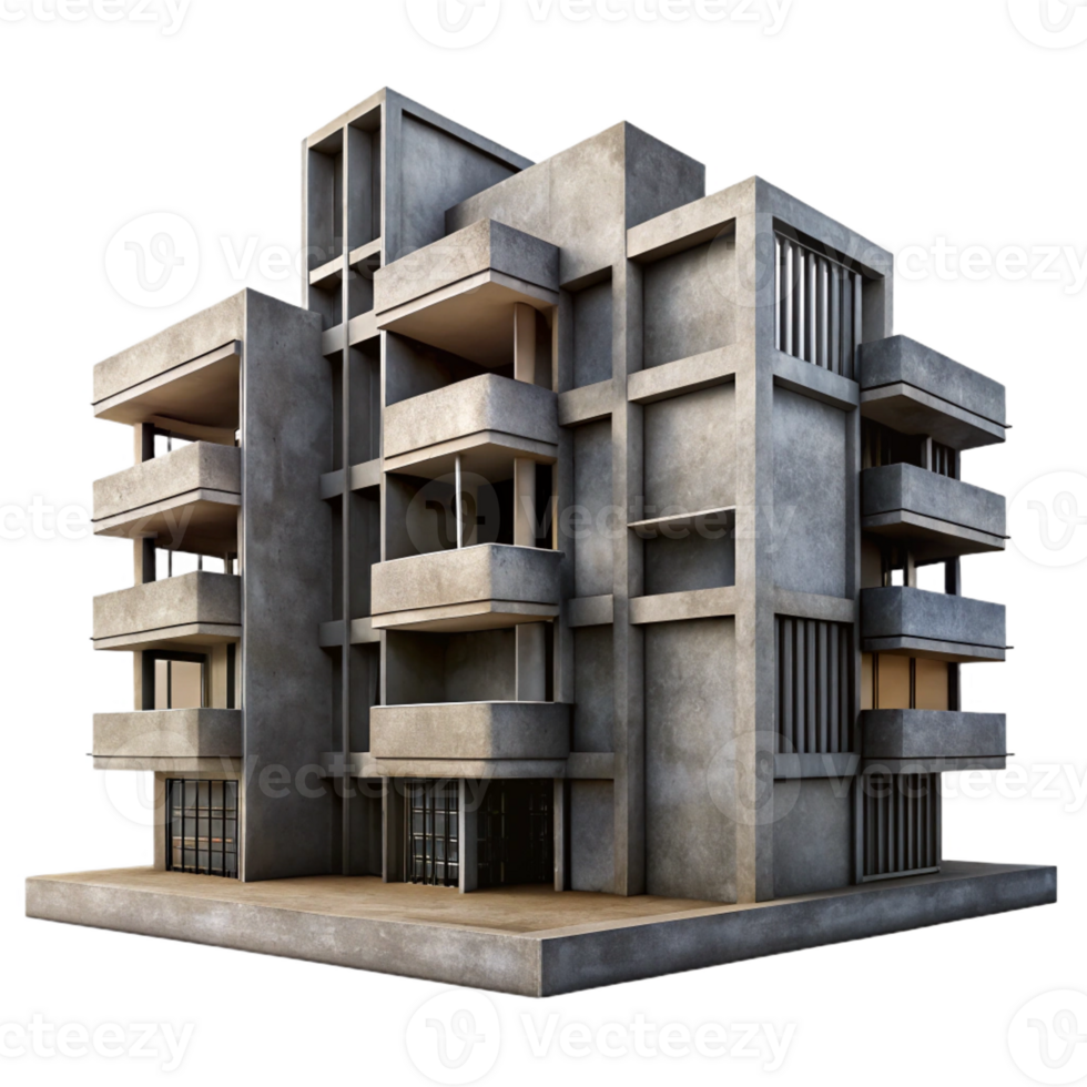 magnificent artistic Brutalist concrete apartment complex, harsh shadows, overcast sky, gritty photorealistic style high quality png