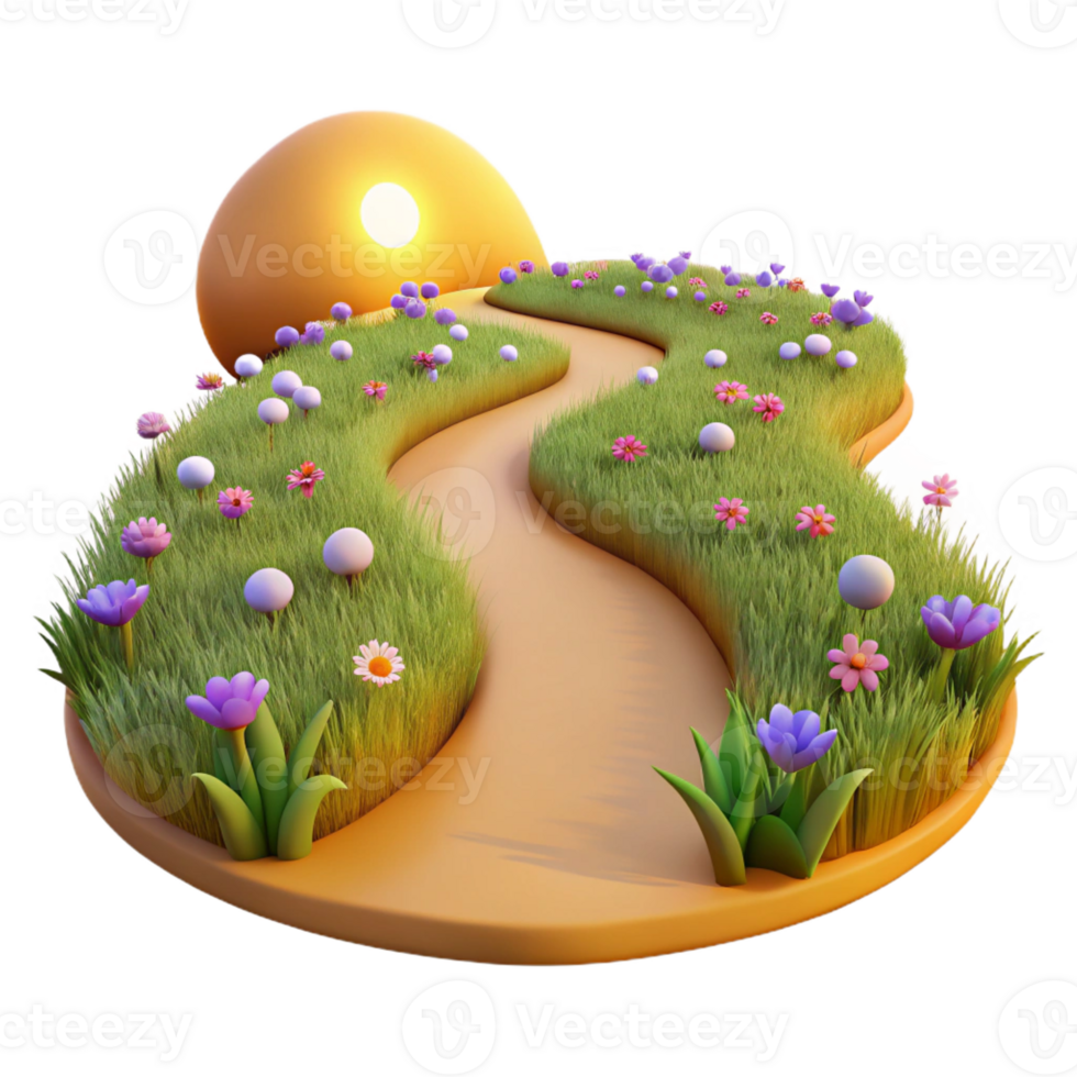 serene abstract A winding dirt path through a field of wildflowers, golden hour lighting, pastoral style detailed png