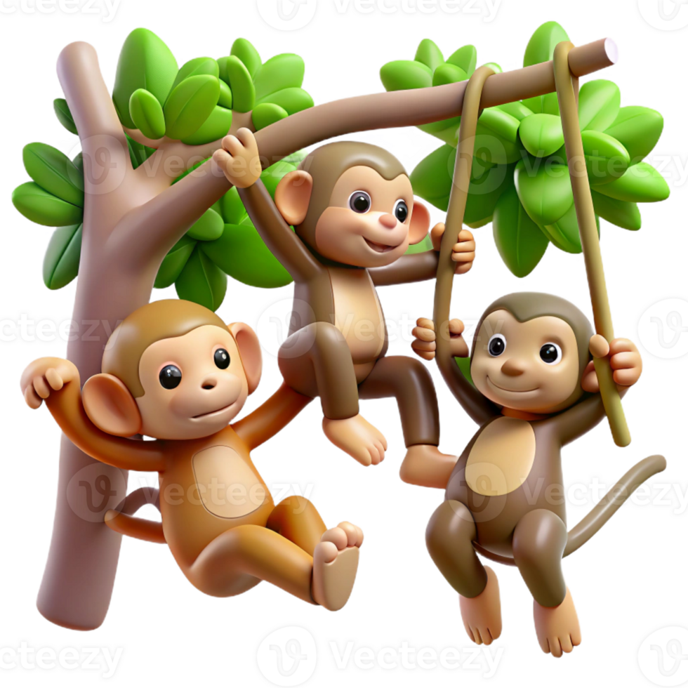 serene rustic A group of playful monkeys swinging through the trees, jungle lighting, dynamic photography style genuine png