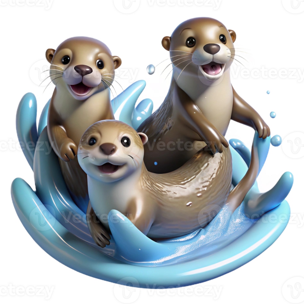 wonderful vintage A group of playful otters frolicking in the water, their fur sleek and wet, rendered in a lively, dynamic style detailed png