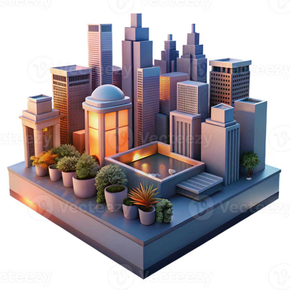 magnificent classic A bustling cityscape at dusk, viewed from a rooftop garden, warm sunset lighting, impressionistic style exclusive png
