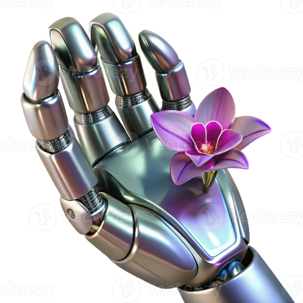 magnificent vintage A sleek, chrome robotic hand delicately holding a bioluminescent orchid, illuminated by soft, diffused studio lighting. Cyberpunk style, photorealistic render detailed png