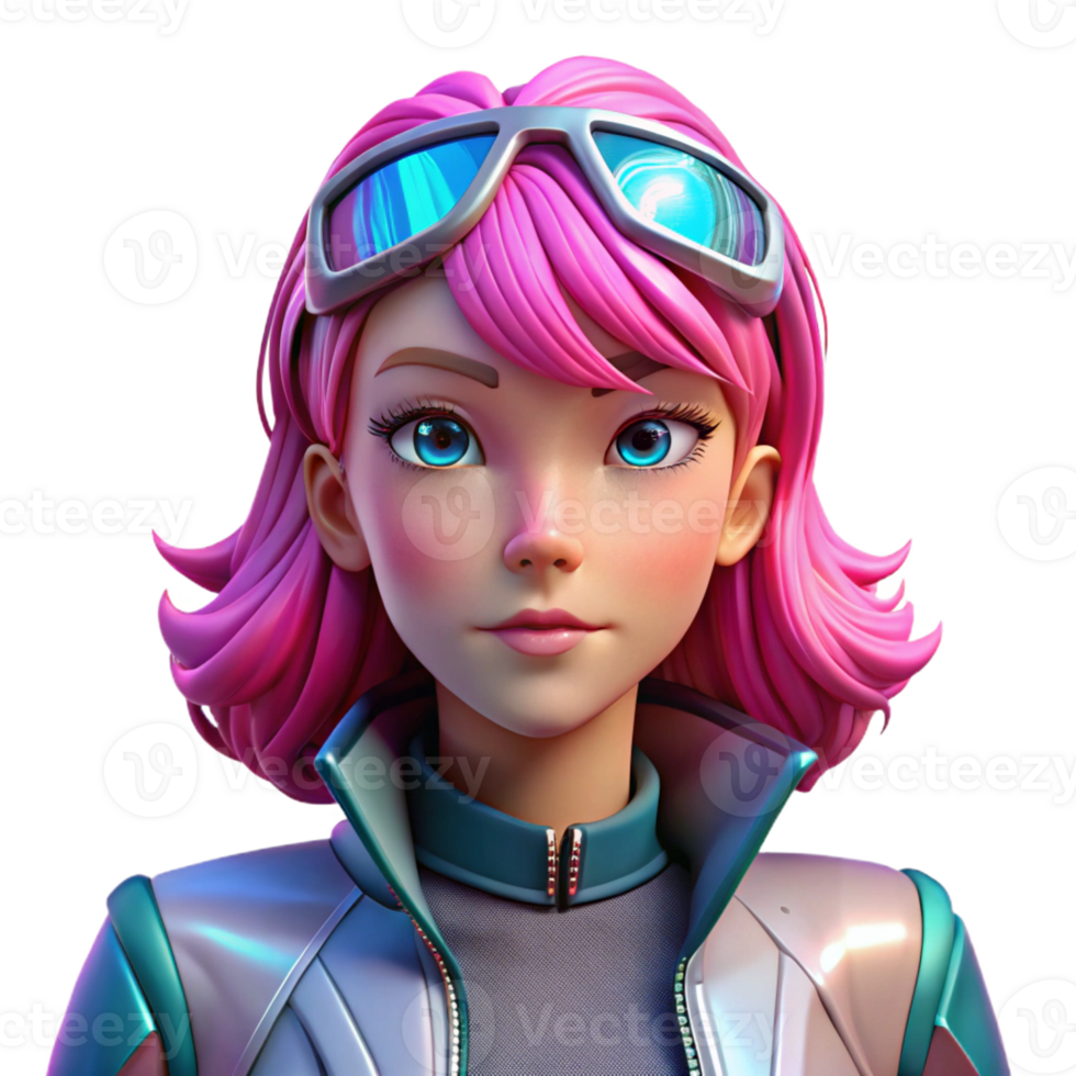 serene abstract A young woman with cybernetic eyes and vibrant pink hair, wearing a holographic jacket, in a dynamic, anime style genuine png